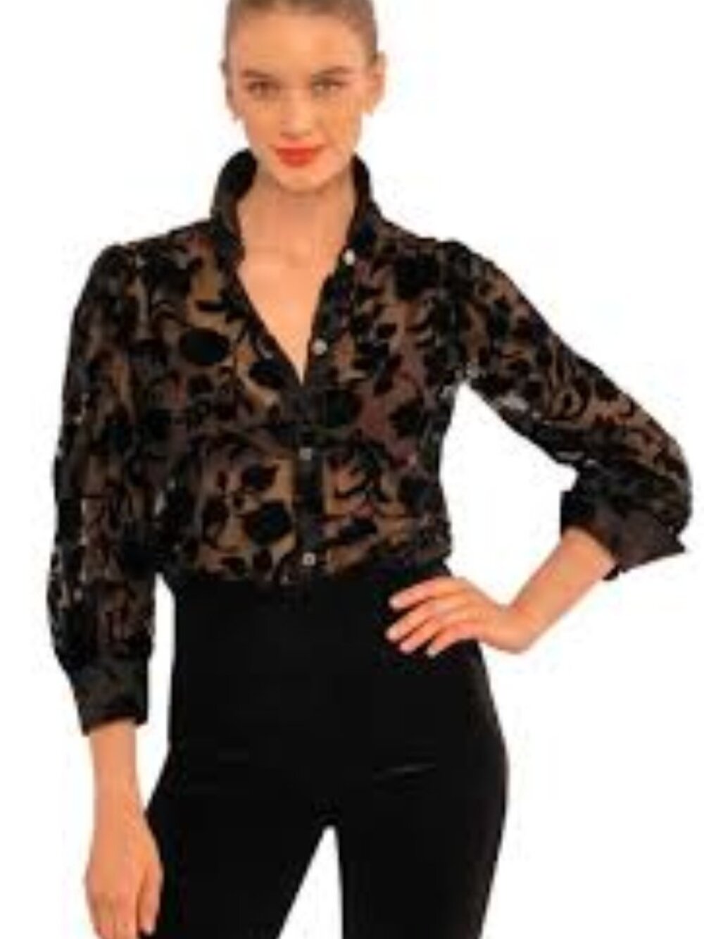 Gretchen Scott Flighty‎ Floral Blouse XXS Shrimp Burnout Velvet Luxe Leaf Black